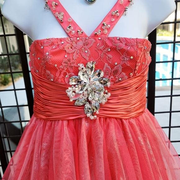 Sherri Hill Coral Tulle Dress Girls 12 (w/ Brooch & Beaded Straps) | Pageantwear - Picture 7 of 16